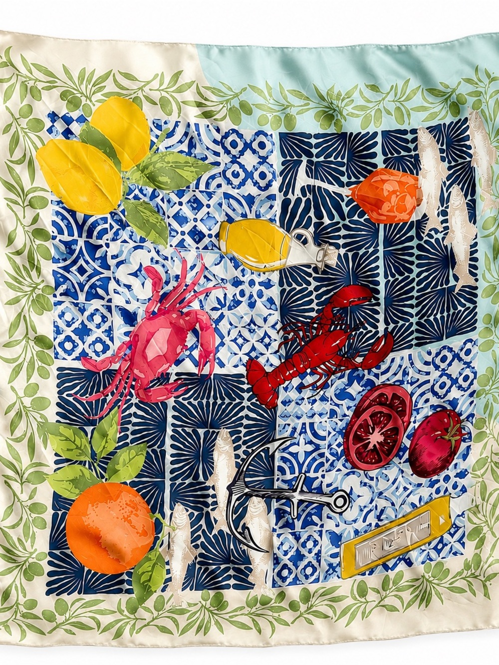 Anne Klein Blue, Navy, Yellow & Green Seafood Motif Silk Scarf